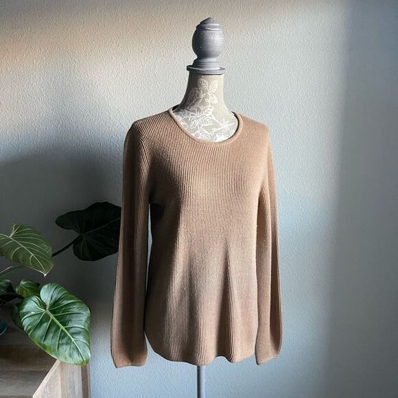 J. McLaughlin Wool Ribbed Blouson Sleeve Sweater in Tan - Picture 1 of 12